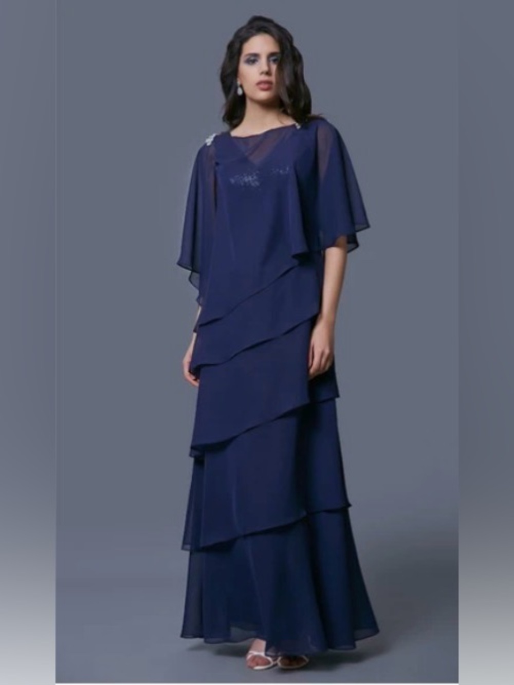 NWT Ignite Evenings Layered Chiffon Gown Size 14 Capelet